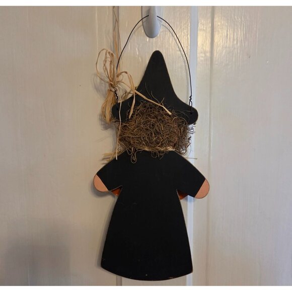 Handmade Wooden Happy Halloween Witch with Pumpkin and Cat Wall Hanging Vtg - Picture 4 of 4